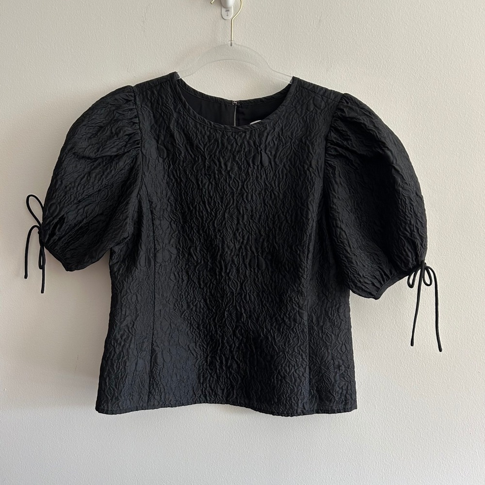 J.Crew Collection Textured Blouse Black Small Puff Sleeve Floral Matelassé Top